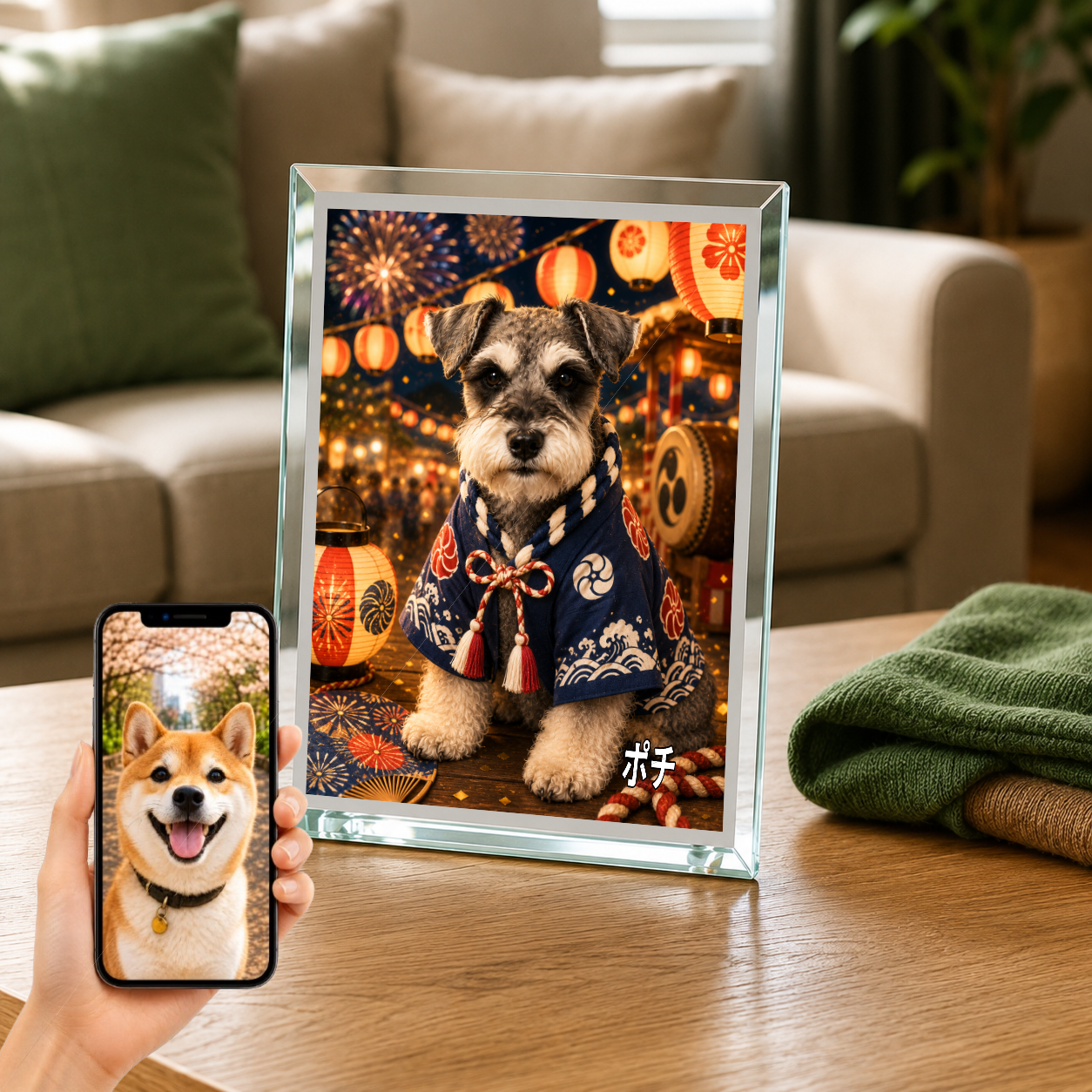 愛犬 写真入り 名入れ ガラスフォトパネル 夏祭り犬 浴衣風アート