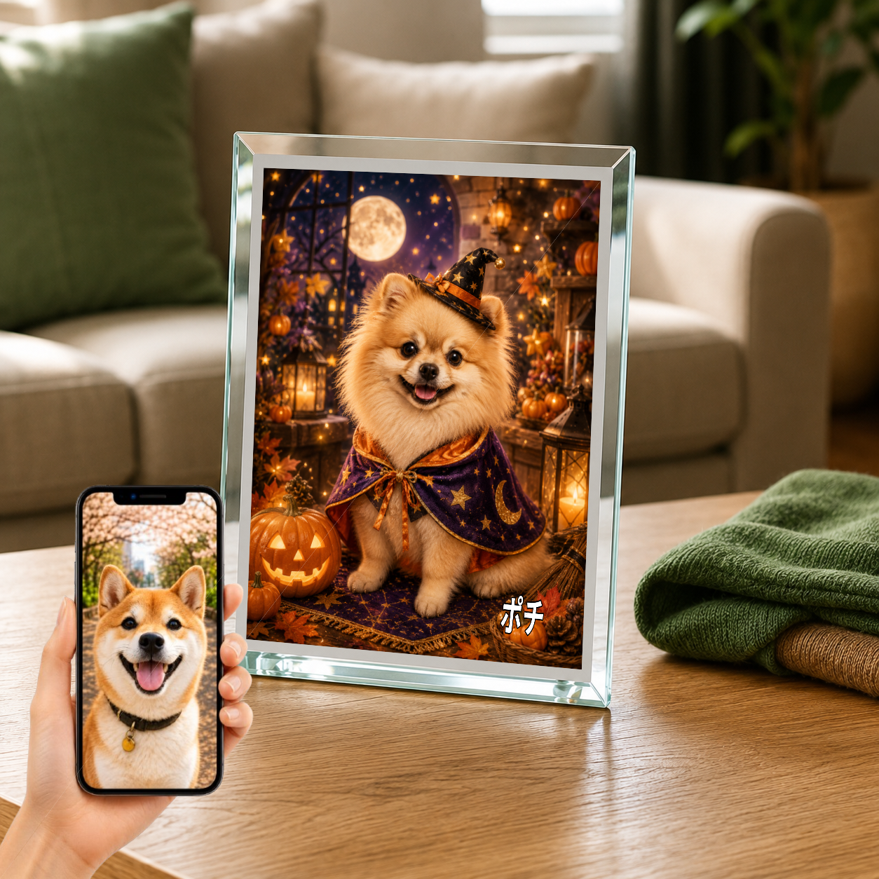 愛犬 写真入り 名入れ ガラスフォトパネル ハロウィン魔法犬