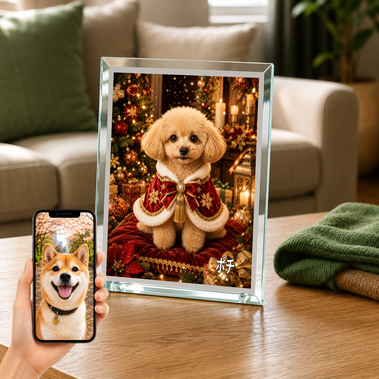 愛犬 写真入り 名入れ ガラスフォトパネル クリスマス王子犬