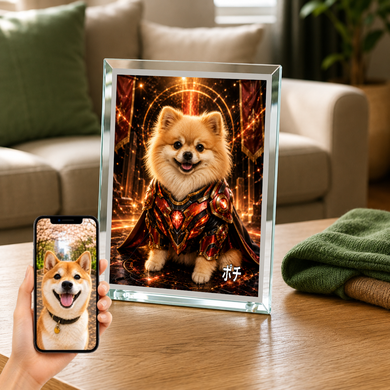 愛犬 写真入り 名入れ ガラスフォトパネル パワードスーツヒーロー犬