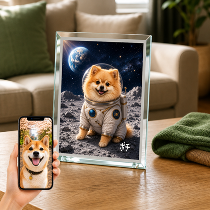 愛犬 写真入り 名入れ ガラスフォトパネル 宇宙飛行士犬 うちの子