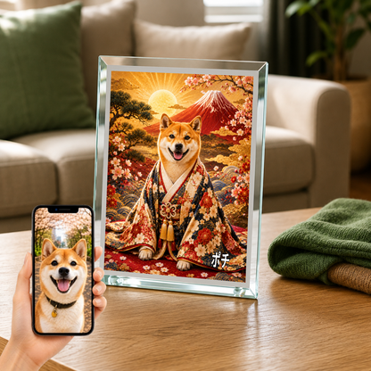 愛犬 写真入り 名入れ ガラスフォトパネル 赤富士 縁起物 うちの子ギフト