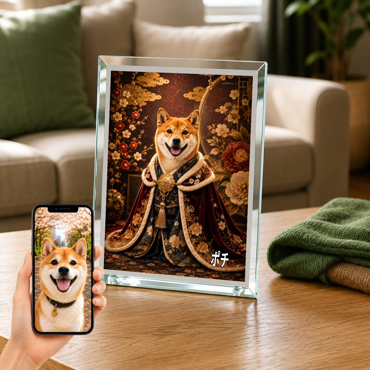 愛犬 写真入り 名入れ ガラスフォトパネル 王族ポートレート 和洋ミックス
