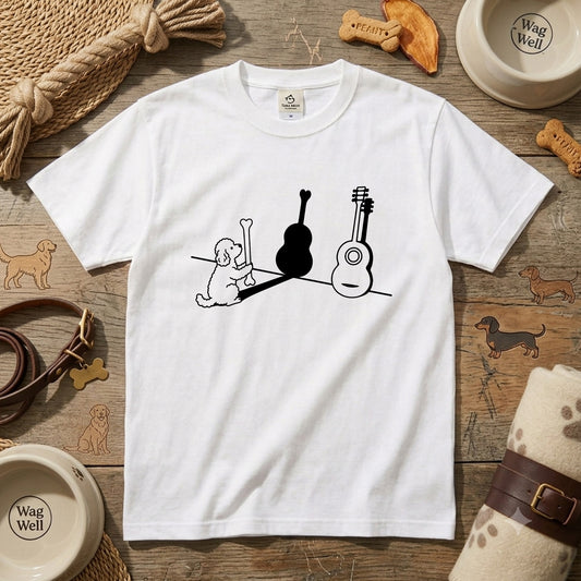 プードルとギター影アート 白Tシャツ｜音楽好きに人気