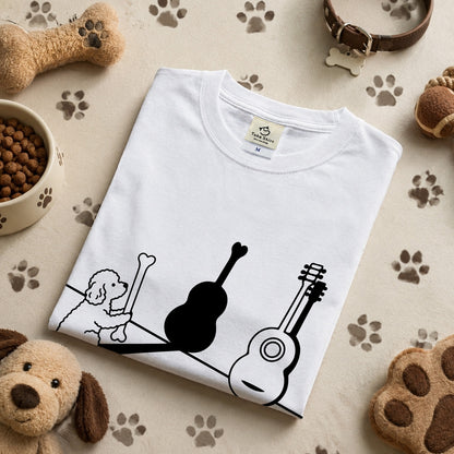 プードルとギター影アート 白Tシャツ｜音楽好きに人気