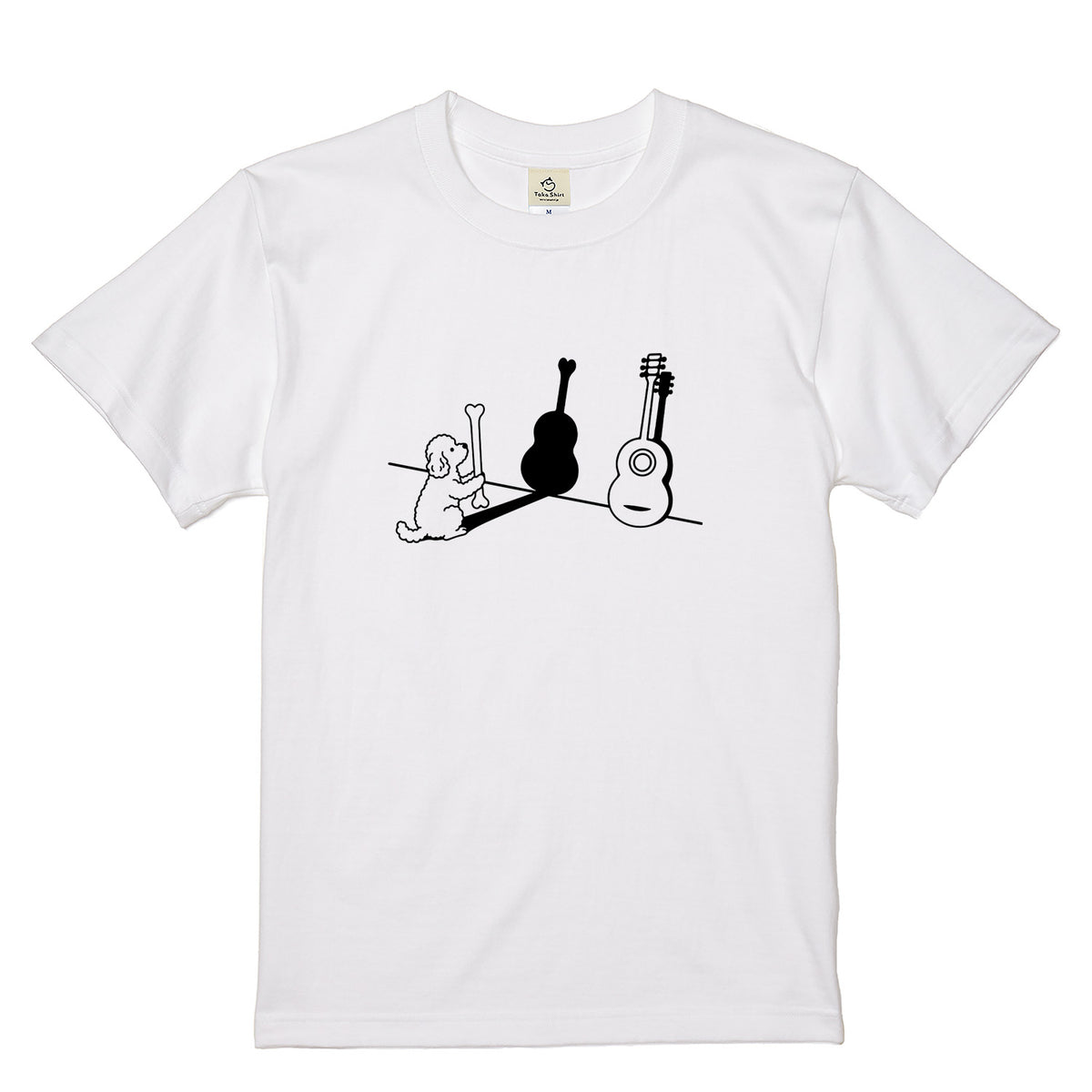プードルとギター影アート 白Tシャツ｜音楽好きに人気