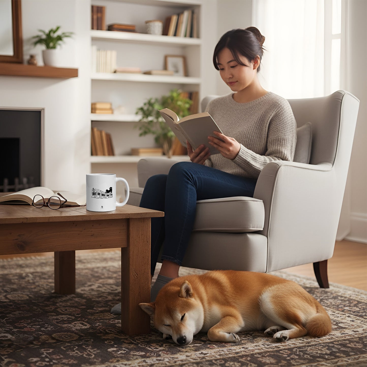 マグカップ 犬イラスト かわいい  ピアノ鍵盤と音符犬 ｜犬好きにおすすめの面白い犬グッズ プレゼントにも最適
