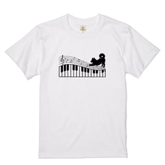ピアノ鍵盤と音符犬 犬Tシャツ | ピアノ好き・音楽好きに人気