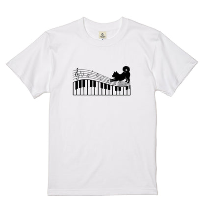 ピアノ鍵盤と音符犬 犬Tシャツ | ピアノ好き・音楽好きに人気