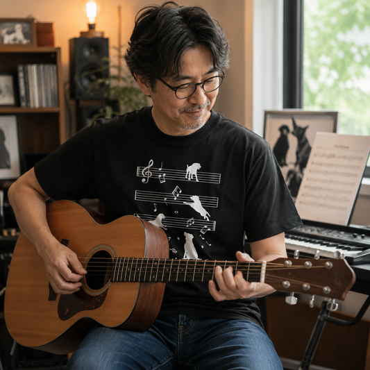 音符と踊る犬 犬Tシャツ | 音楽好き・犬好きに人気
