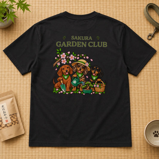 Sakura Garden Club Dachshund ダックスフンド 桜 盆栽 春ガーデニング Tシャツ｜バックプリント
