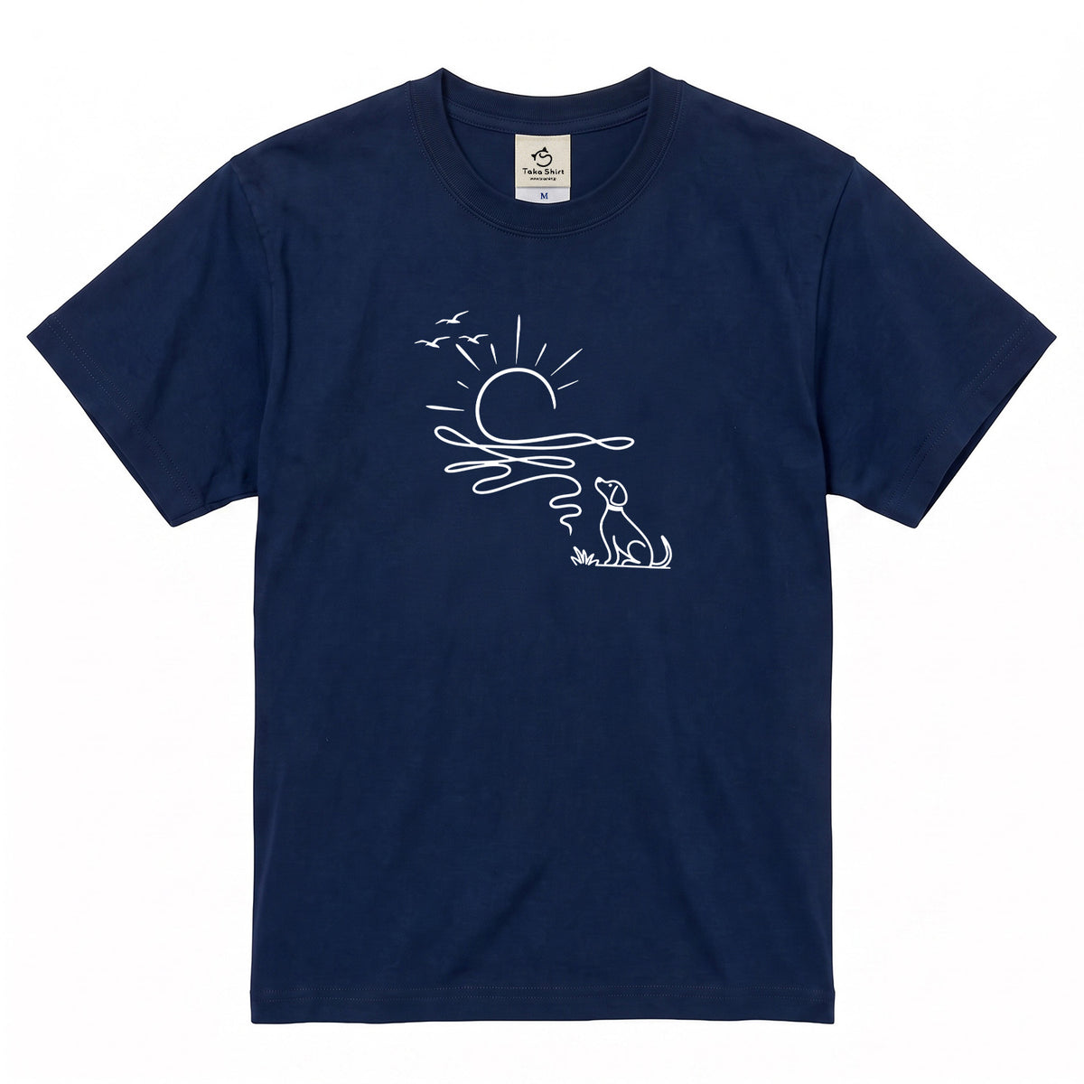 朝日と犬の線画 犬Tシャツ | アウトドア・犬好きに人気