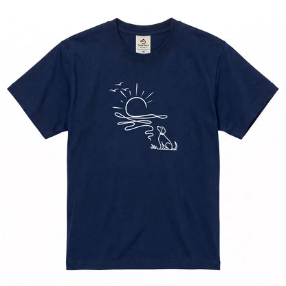 朝日と犬の線画 犬Tシャツ | アウトドア・犬好きに人気