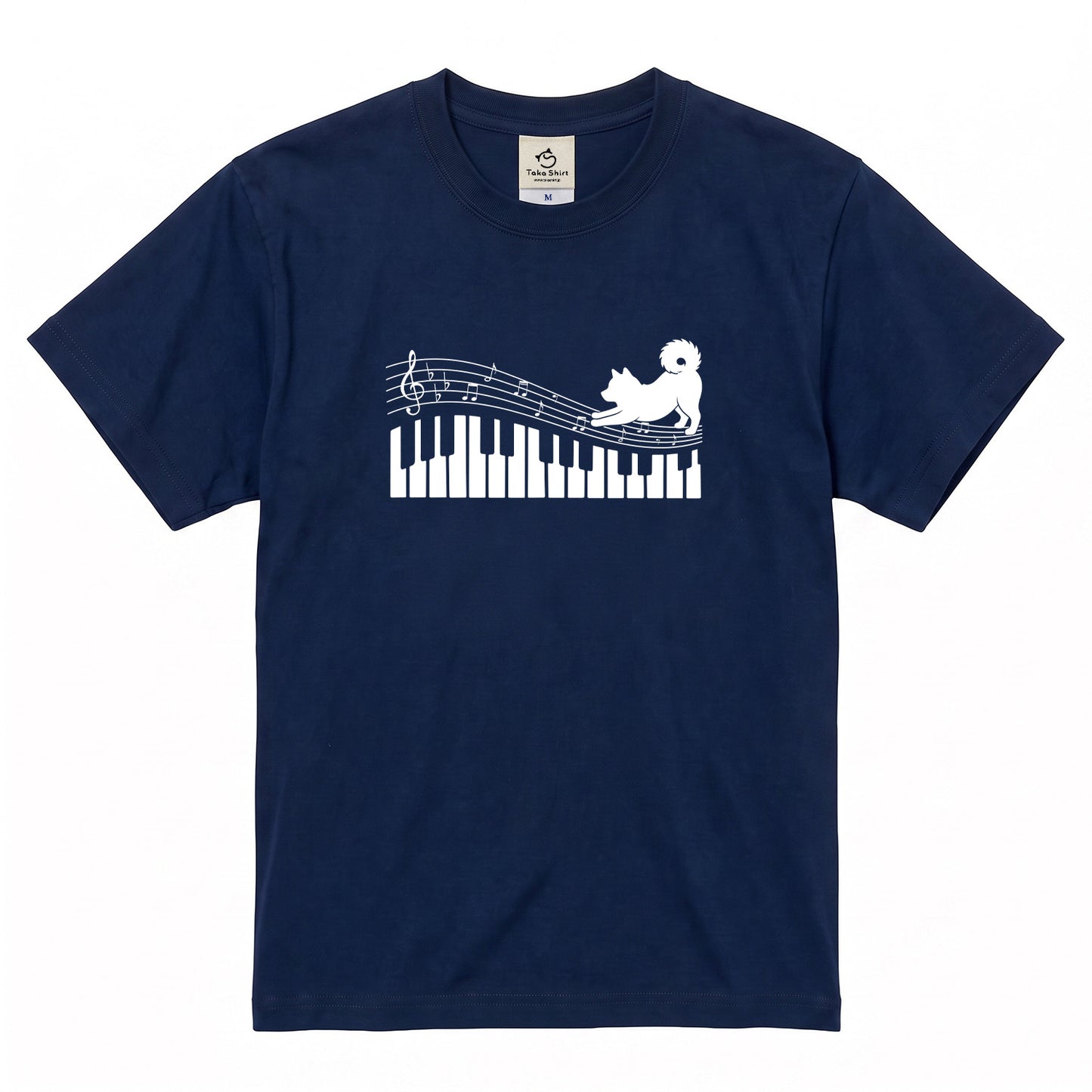 ピアノ鍵盤と音符犬 犬Tシャツ | ピアノ好き・音楽好きに人気