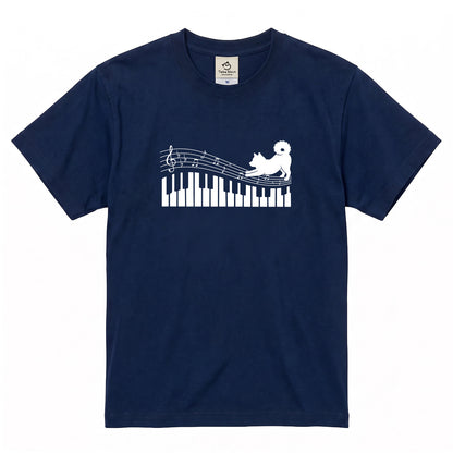 ピアノ鍵盤と音符犬 犬Tシャツ | ピアノ好き・音楽好きに人気