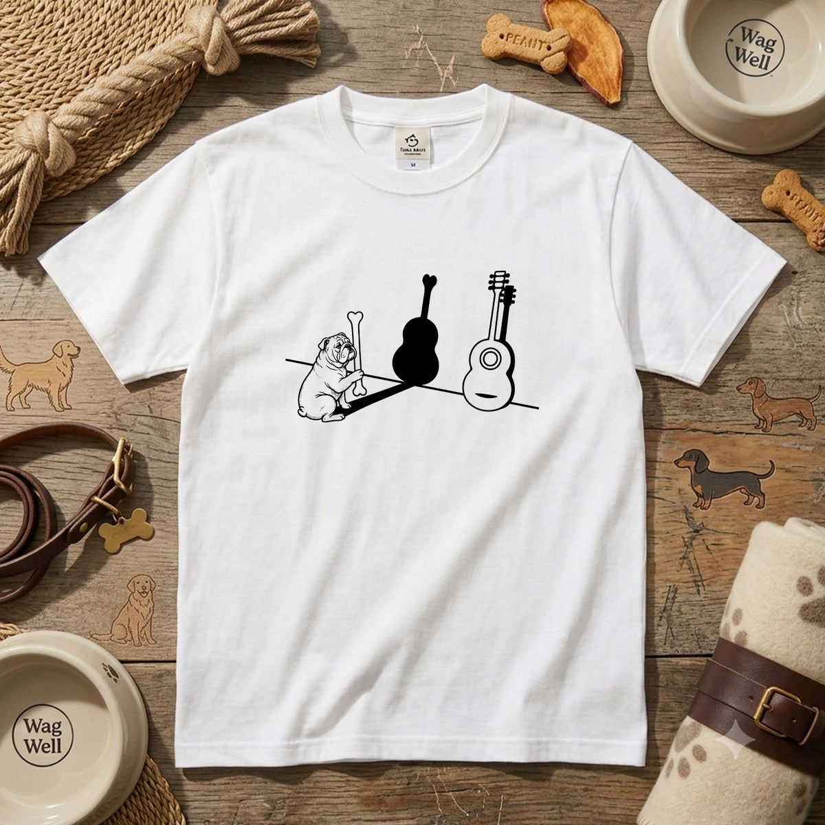 ブルドッグとギター影アート 白Tシャツ｜音楽好きに人気｜InuJoy