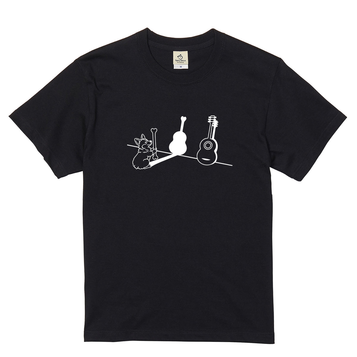 コーギーとギター影アート 白Tシャツ｜音楽好きに人気｜InuJoy
