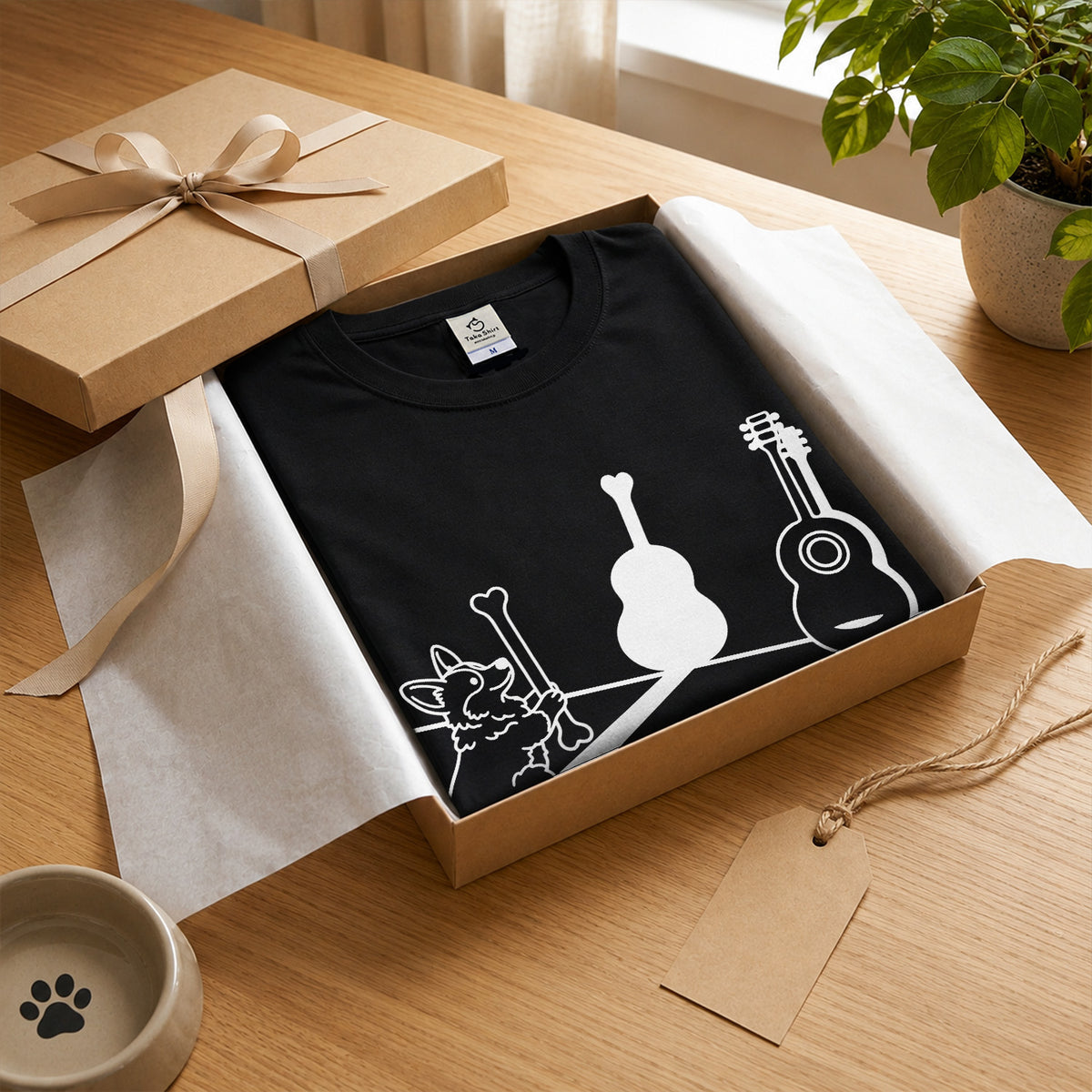 コーギーとギター影アート 白Tシャツ｜音楽好きに人気｜InuJoy