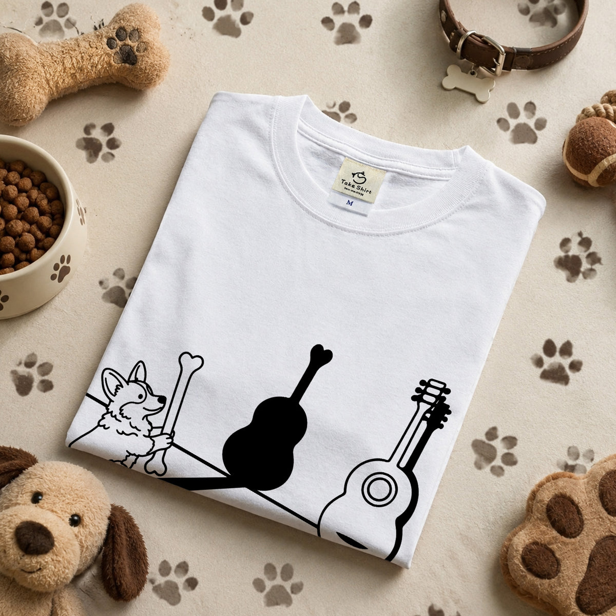 コーギーとギター影アート 白Tシャツ｜音楽好きに人気｜InuJoy
