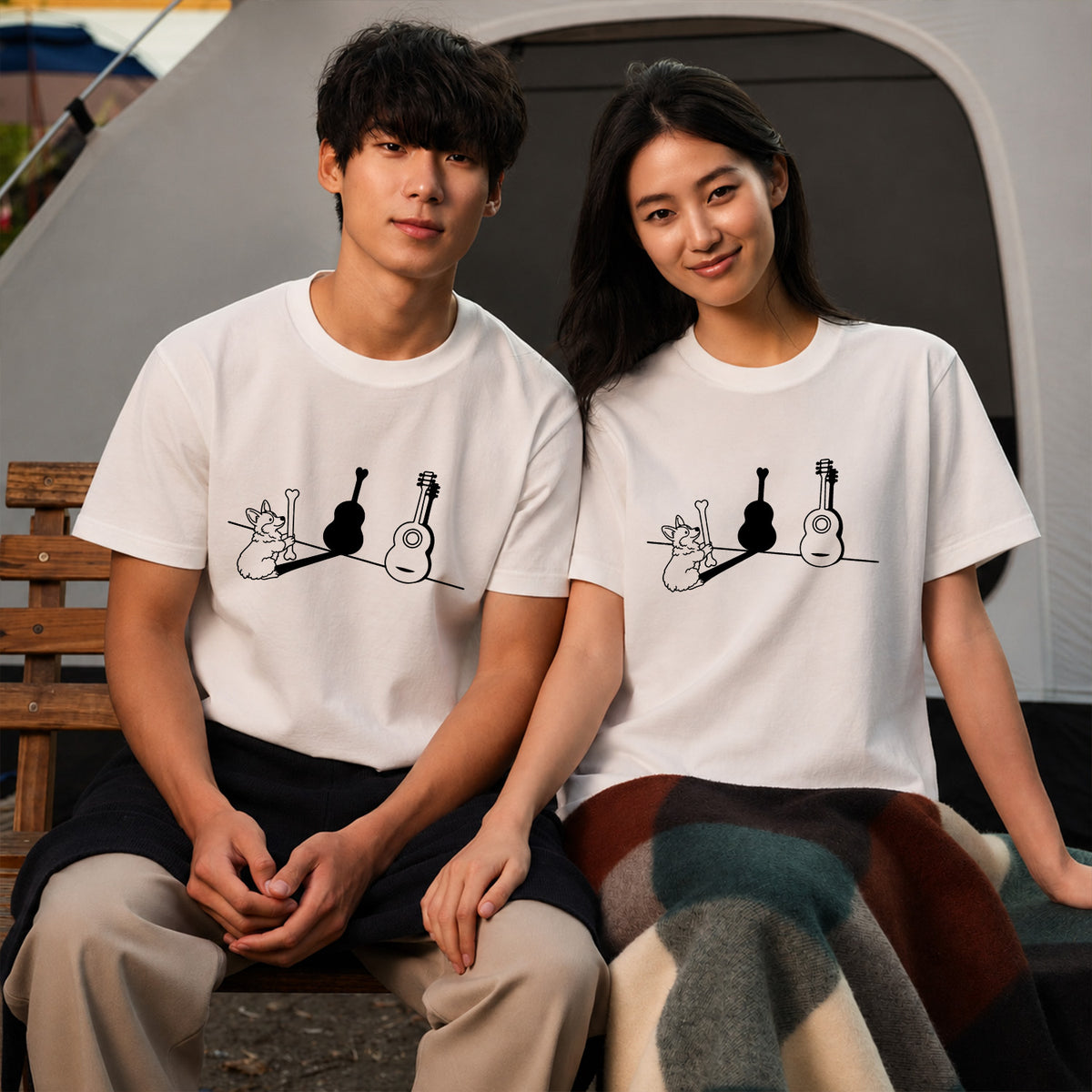 コーギーとギター影アート 白Tシャツ｜音楽好きに人気｜InuJoy