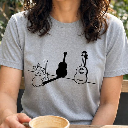 コーギーとギター影アート 白Tシャツ｜音楽好きに人気｜InuJoy