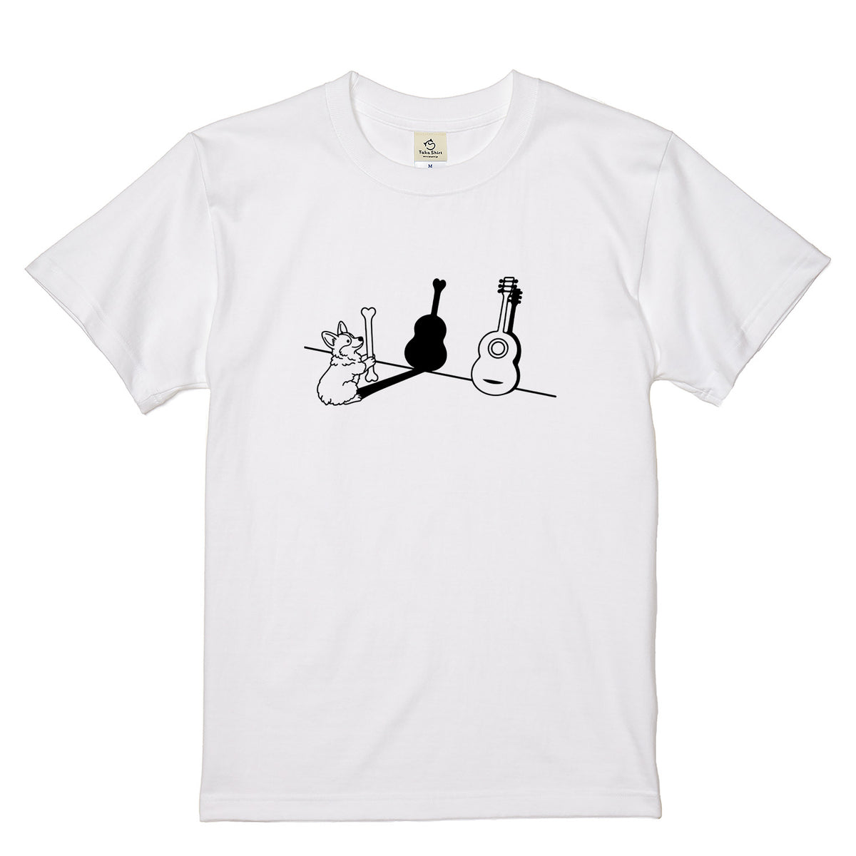 コーギーとギター影アート 白Tシャツ｜音楽好きに人気｜InuJoy