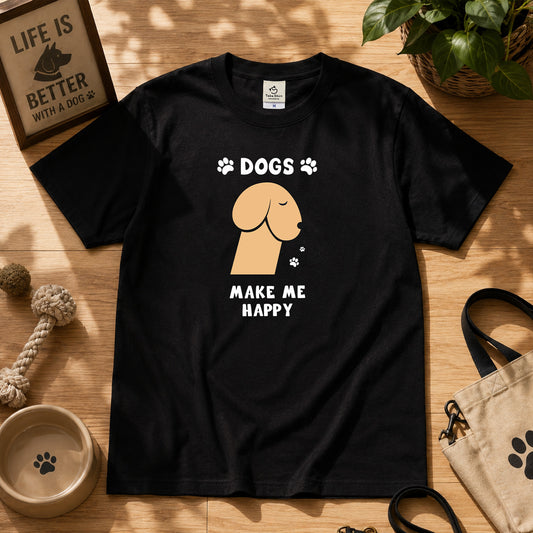 DOGS MAKE ME HAPPY | 犬 イラスト 英語メッセージ Tシャツ【犬好き・愛犬家・かわいい・誕生日ギフトに最適】