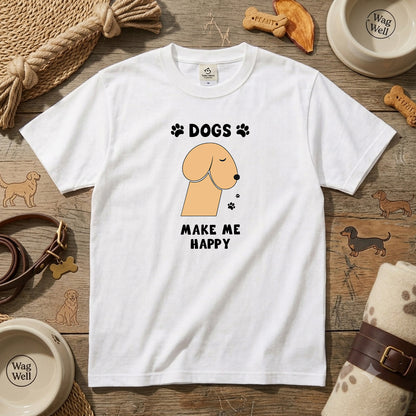DOGS MAKE ME HAPPY | 犬 イラスト 英語メッセージ Tシャツ【犬好き・愛犬家・かわいい・誕生日ギフトに最適】