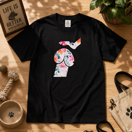 FLOWER DOG ART | おしゃれ 犬 イラスト ボタニカル柄 Tシャツ【愛犬家・アウトドア・イベント・ギフトに最適】