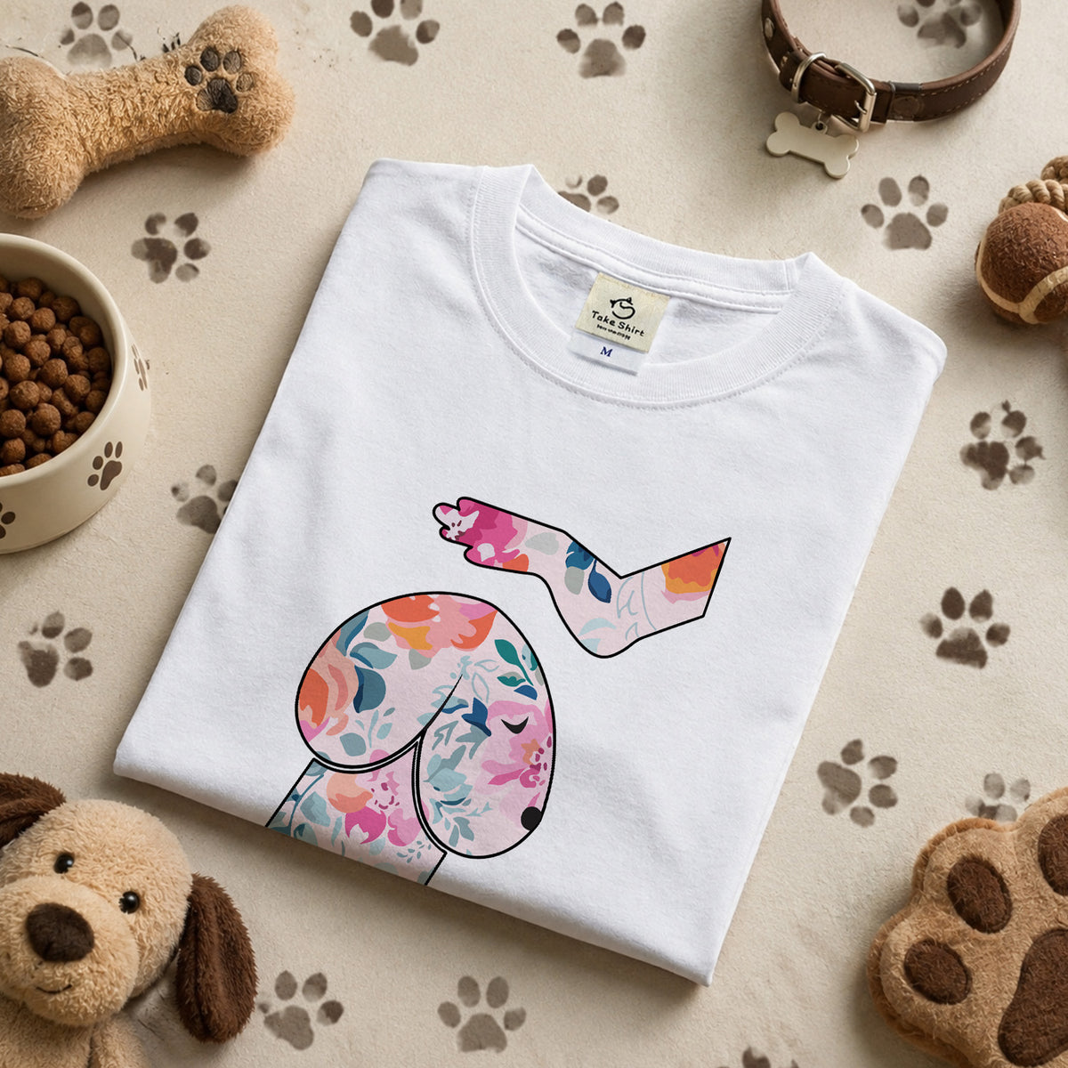 FLOWER DOG ART | おしゃれ 犬 イラスト ボタニカル柄 Tシャツ【愛犬家・アウトドア・イベント・ギフトに最適】