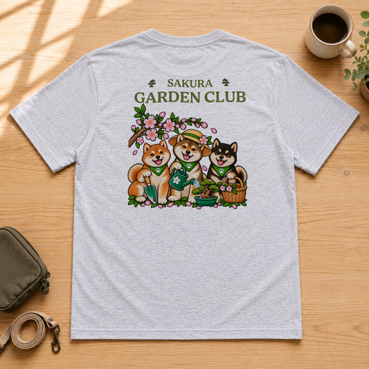 Sakura Garden Club Shiba Inu 柴犬 桜 盆栽 春ガーデニング Tシャツ｜バックプリント