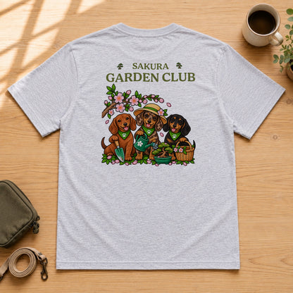 Sakura Garden Club Dachshund ダックスフンド 桜 盆栽 春ガーデニング Tシャツ｜バックプリント