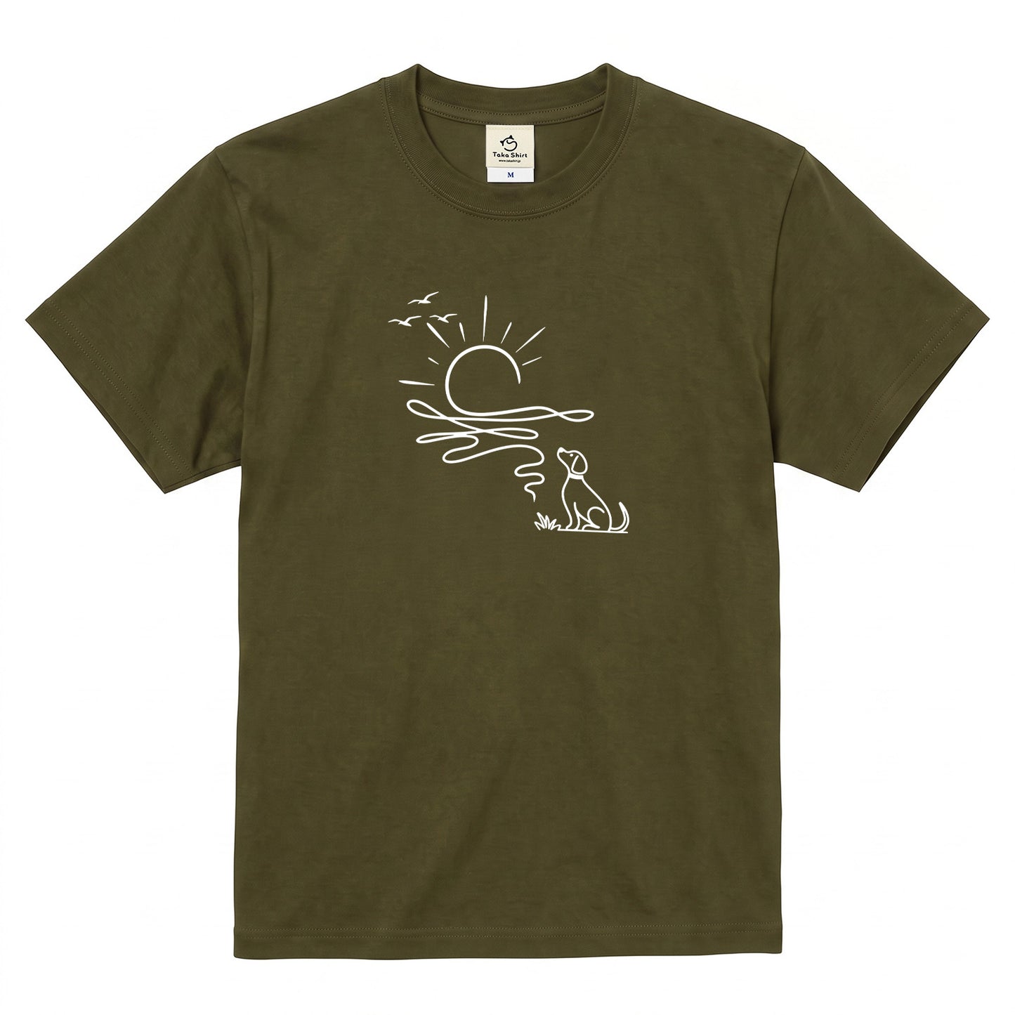 朝日と犬の線画 犬Tシャツ | アウトドア・犬好きに人気