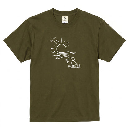 朝日と犬の線画 犬Tシャツ | アウトドア・犬好きに人気