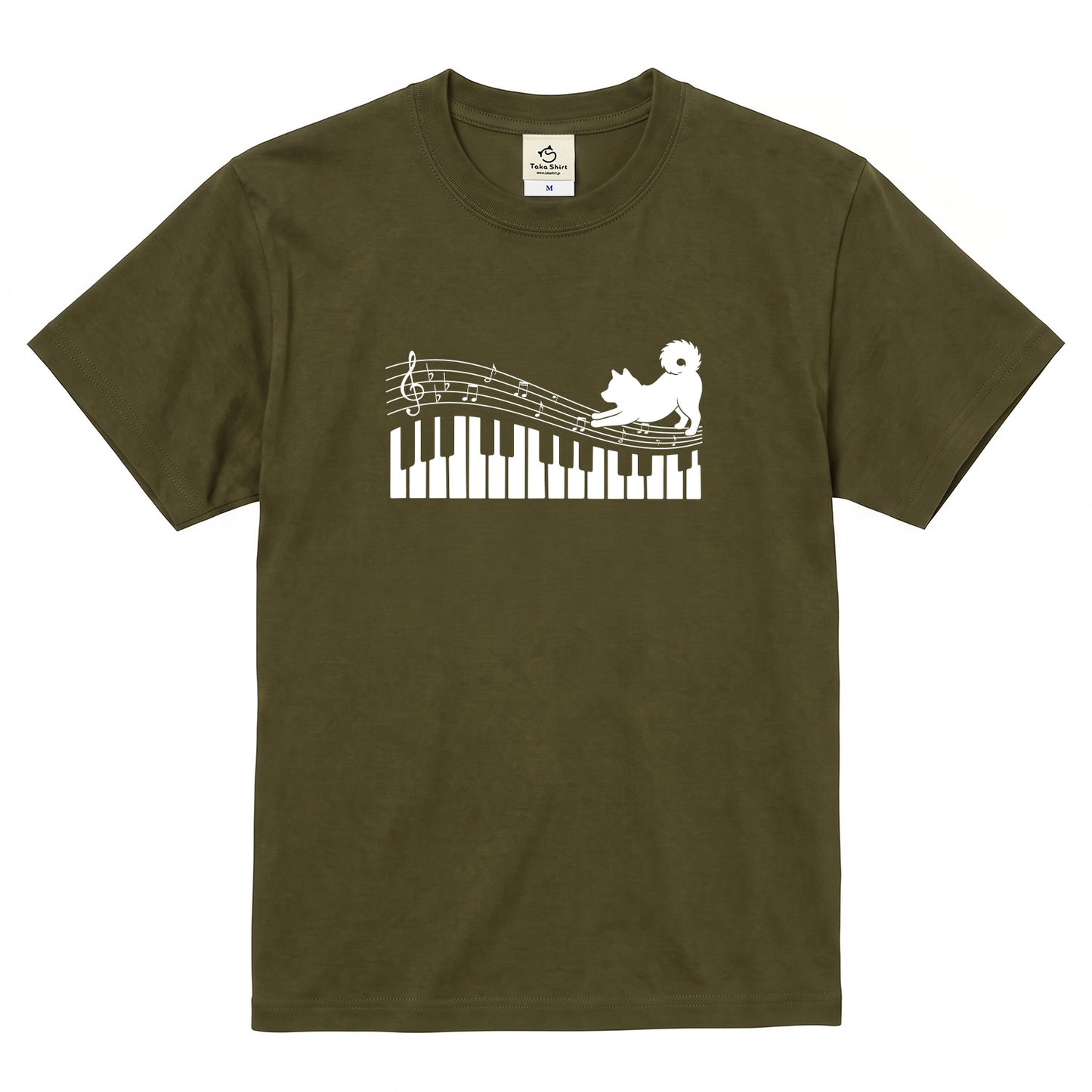 ピアノ鍵盤と音符犬 犬Tシャツ | ピアノ好き・音楽好きに人気