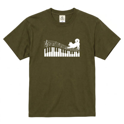 ピアノ鍵盤と音符犬 犬Tシャツ | ピアノ好き・音楽好きに人気