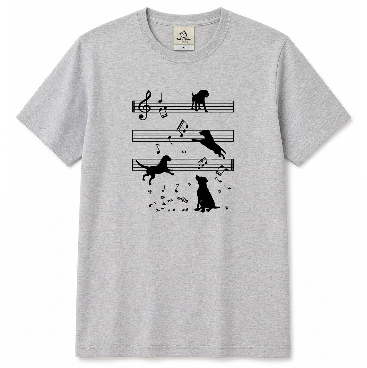 音符と踊る犬 犬Tシャツ | 音楽好き・犬好きに人気