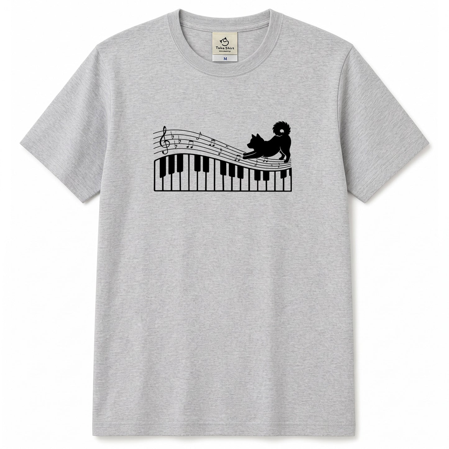 ピアノ鍵盤と音符犬 犬Tシャツ | ピアノ好き・音楽好きに人気