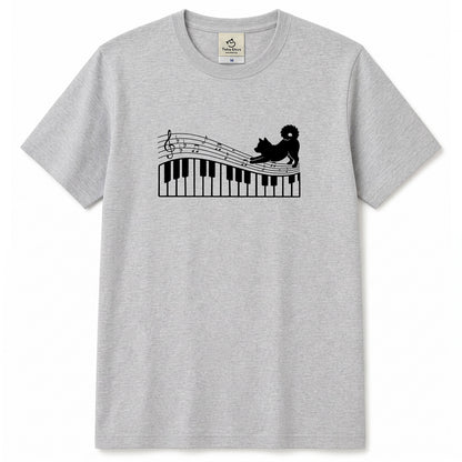 ピアノ鍵盤と音符犬 犬Tシャツ | ピアノ好き・音楽好きに人気