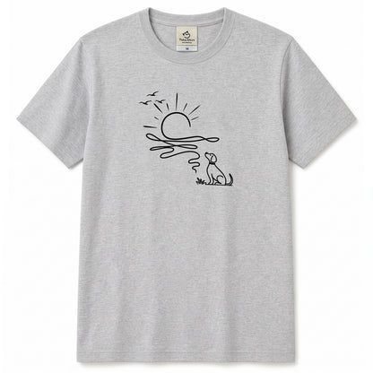 朝日と犬の線画 犬Tシャツ | アウトドア・犬好きに人気