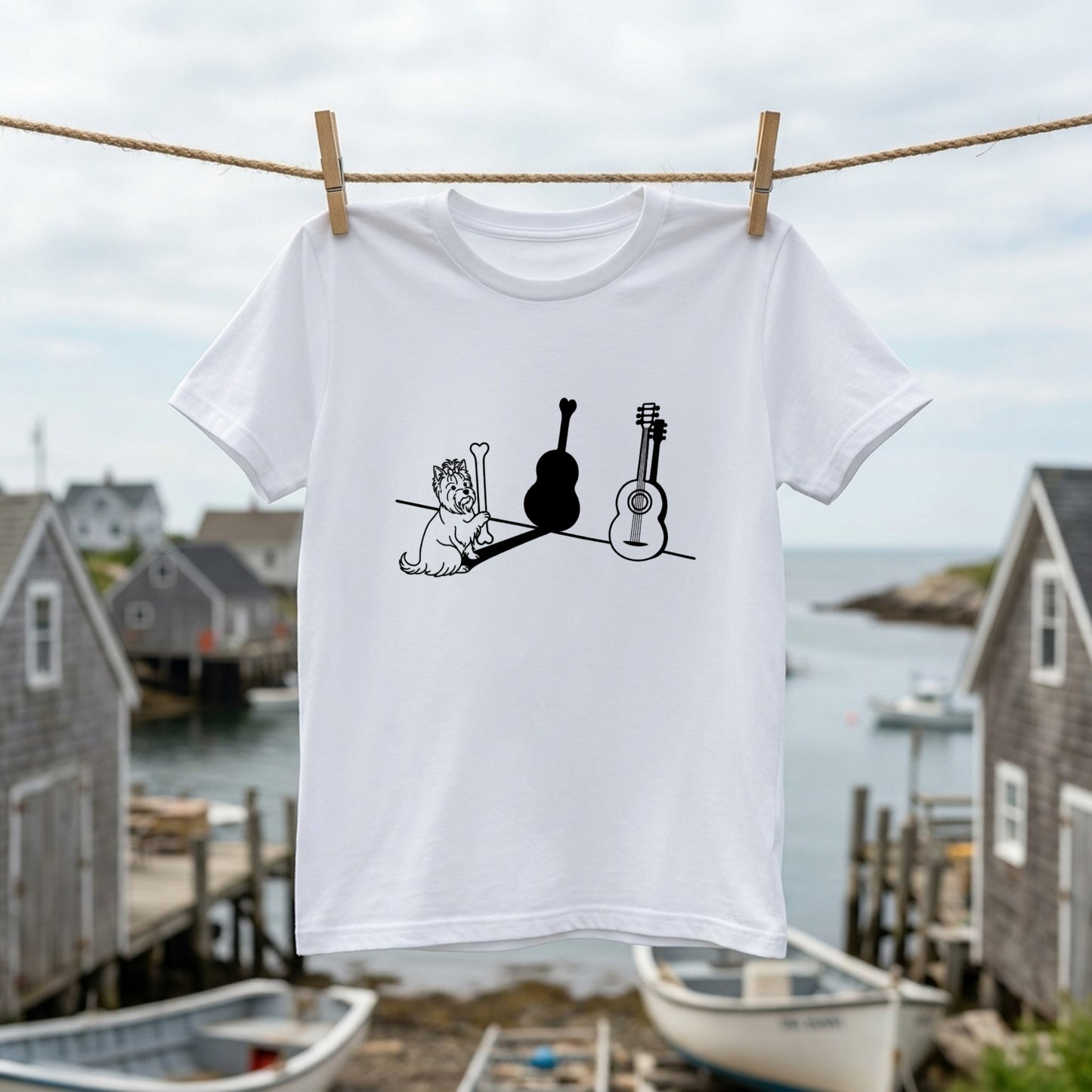 ヨークシャーテリアとギター影アート 白Tシャツ｜音楽好きに人気｜InuJoy