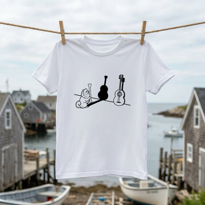 ポメラニアンとギター影アート 白Tシャツ ｜音楽好きに人気｜InuJoy