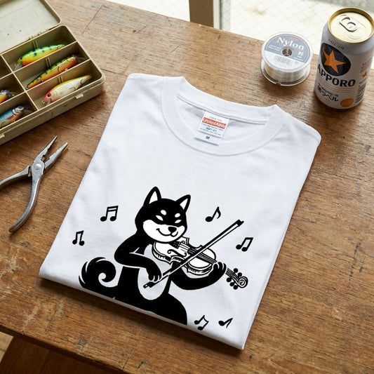 黒柴 ヴァイオリン Tシャツ ｜ 柴犬・犬好き・音楽好きに人気