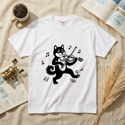 黒柴 ヴァイオリン Tシャツ ｜ 柴犬・犬好き・音楽好きに人気
