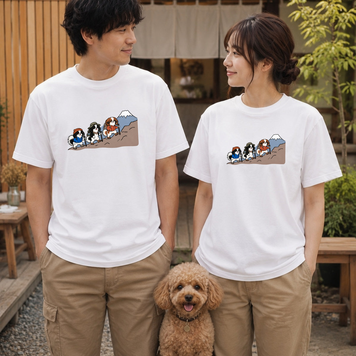 狆 キャバリア 登山 犬 ハイキング アウトドア Tシャツ ｜フロントプリント