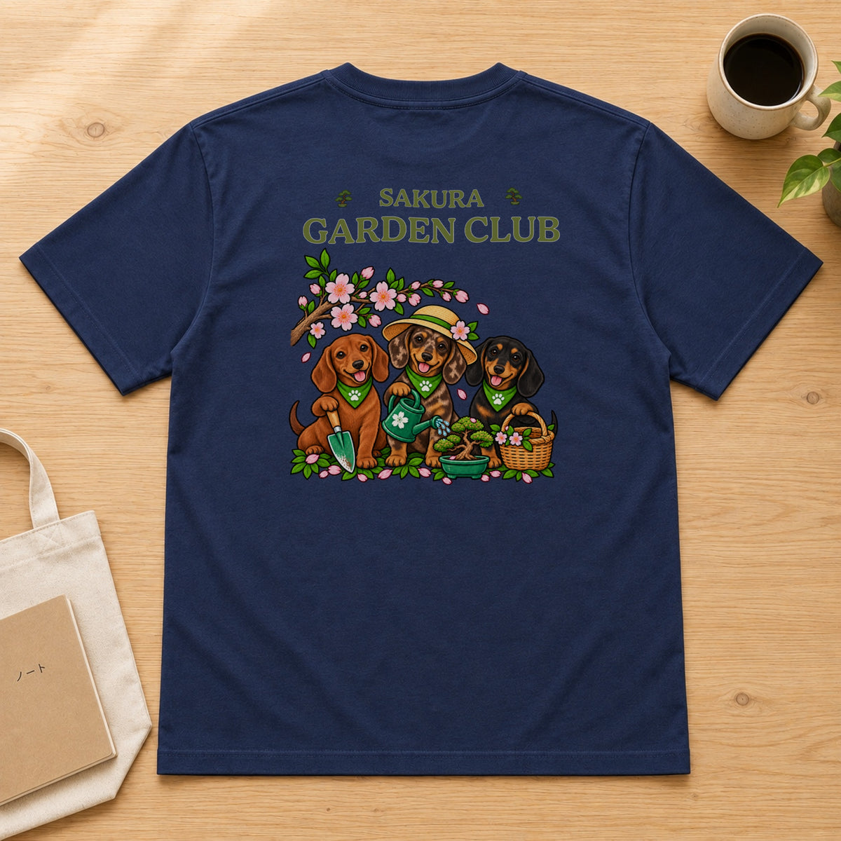 Sakura Garden Club Dachshund ダックスフンド 桜 盆栽 春ガーデニング Tシャツ｜バックプリント