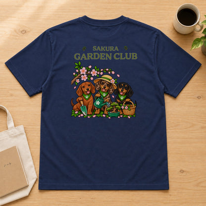 Sakura Garden Club Dachshund ダックスフンド 桜 盆栽 春ガーデニング Tシャツ｜バックプリント