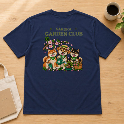 Sakura Garden Club Shiba Inu 柴犬 桜 盆栽 春ガーデニング Tシャツ｜バックプリント