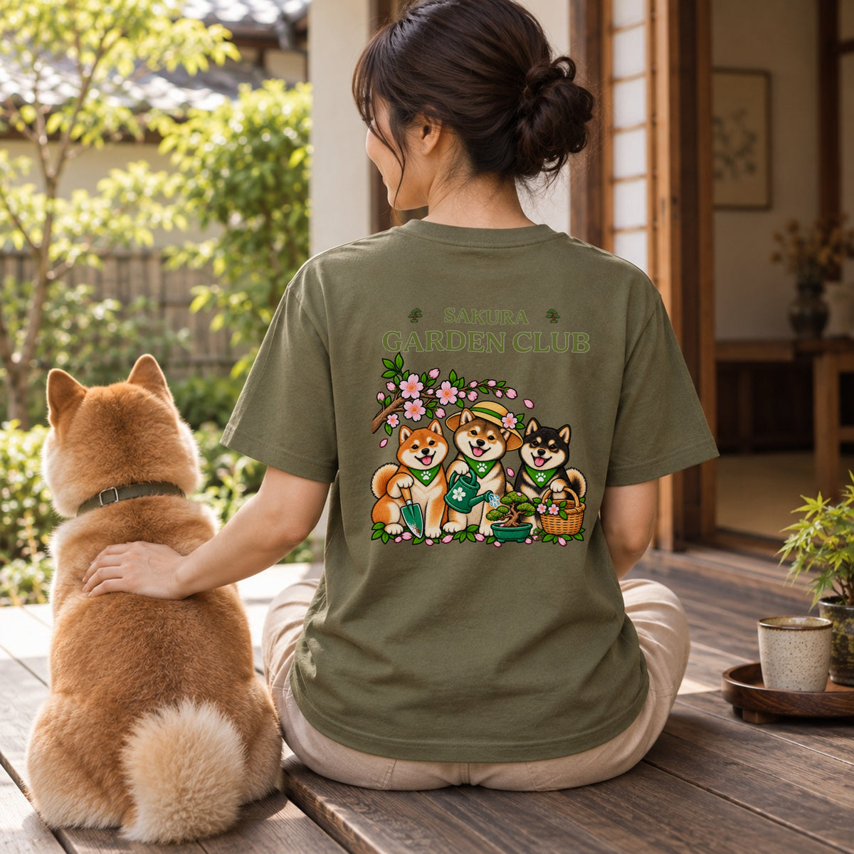 Sakura Garden Club Shiba Inu 柴犬 桜 盆栽 春ガーデニング Tシャツ｜バックプリント