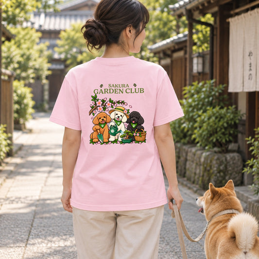 Sakura Garden Club Poodle トイプードル 桜 盆栽 春ガーデニング Tシャツ｜バックプリント